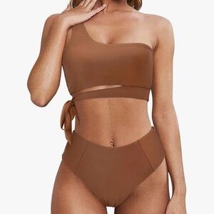 One-Shoulder Brown Wrap Bikini Set - Women Swim